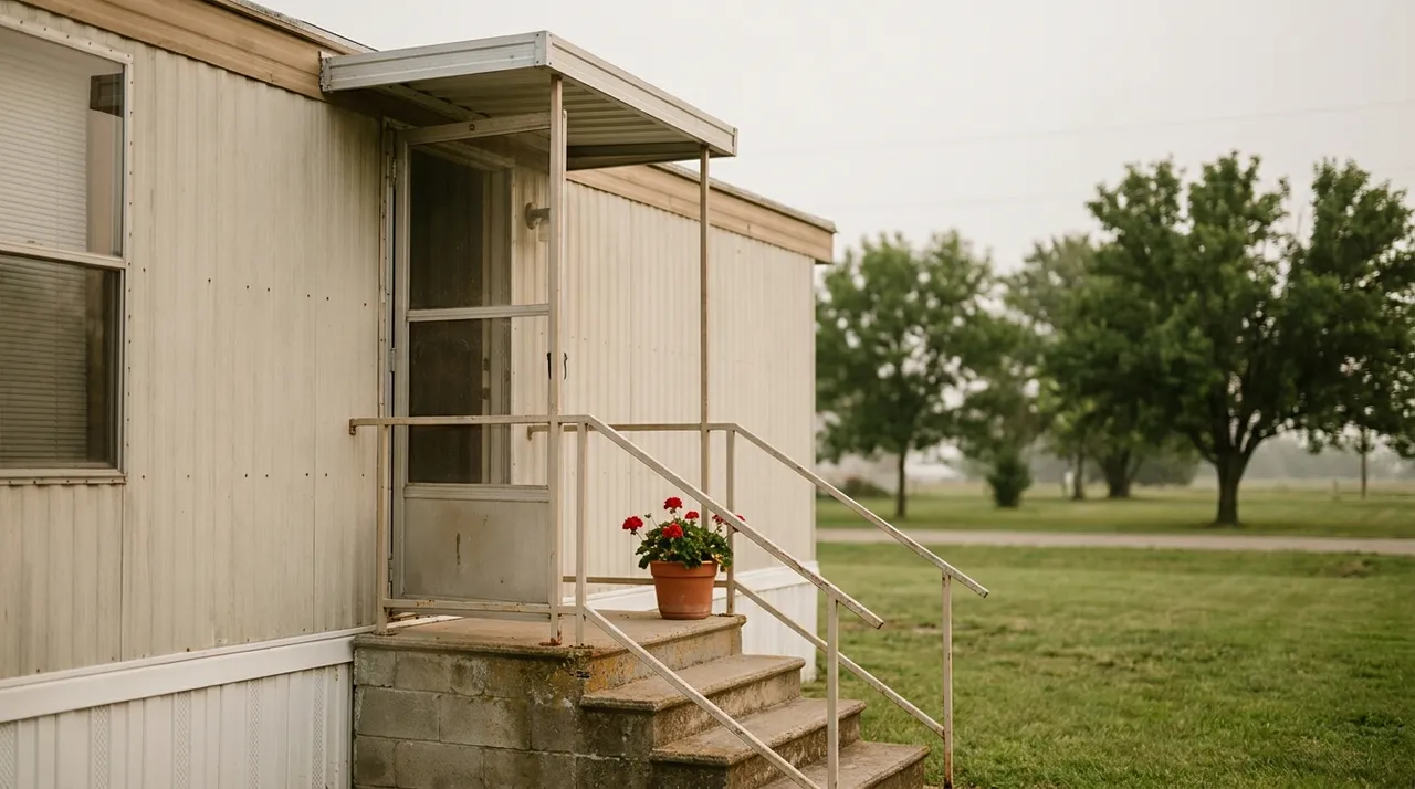 Front steps and porch of a manufactured home on a quiet community lot