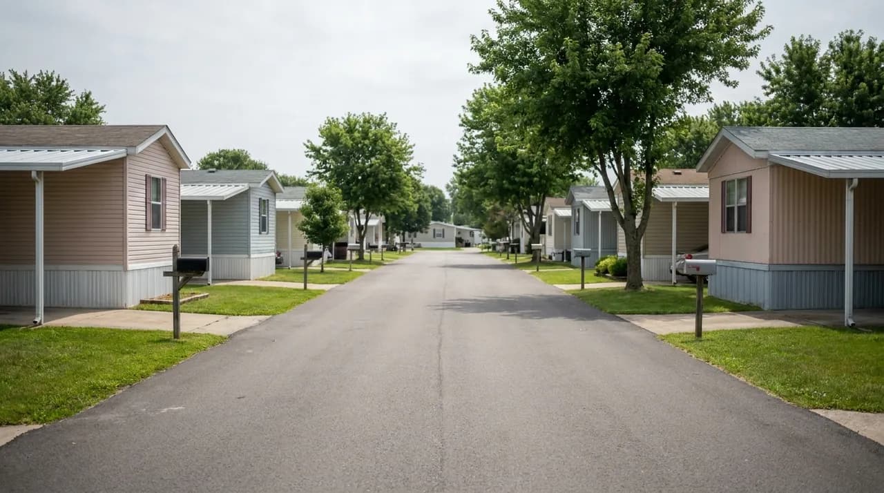 Manufactured homes lining a paved street inside a residential community